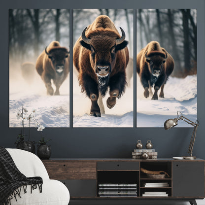 56549-MGV-CV-36X24-Wild Bison Wall Art – Majestic Buffalo Herd Running in Snow Canvas Print, Rustic Wildlife Photography Decor for Cabin, Lodge, or
