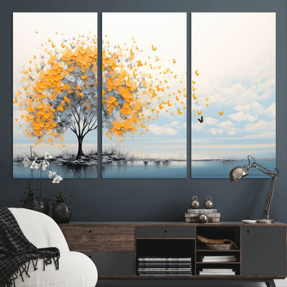 23385-MGV-CV-36X24-Golden Butterfly Tree Wall Art – Abstract Yellow and Gray Canvas Print, Modern Nature Artwork for Living Room, Bedroom or Office