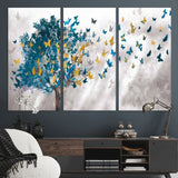 37564-MGV-CV-36X24-Butterfly Tree Wall Art – Modern Nature Canvas Print with Blue and Golden Butterflies, Elegant Decorative Painting for Living Room