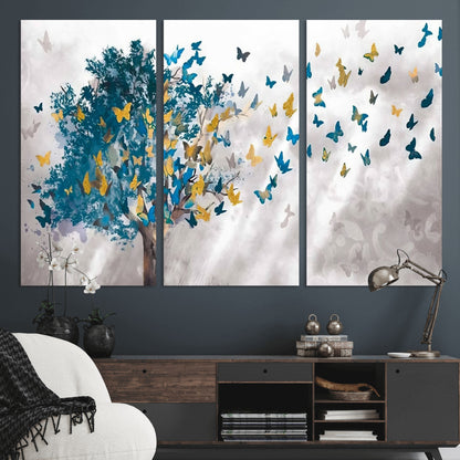 37564-MGV-CV-36X24-Butterfly Tree Wall Art – Modern Nature Canvas Print with Blue and Golden Butterflies, Elegant Decorative Painting for Living Room