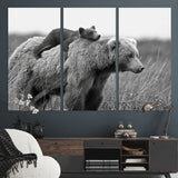 76338-MGV-CV-36X24-Mother Bear and Cub Wall Art – Black and White Wildlife Canvas Print, Rustic Nature Photography for Cabin, Living Room or Office