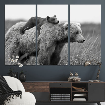 76338-MGV-CV-36X24-Mother Bear and Cub Wall Art – Black and White Wildlife Canvas Print, Rustic Nature Photography for Cabin, Living Room or Office