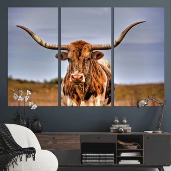 18594-MGV-CV-36X24-Texas Longhorn Bull Wall Art – Rustic Western Cattle Canvas Print, Country Farmhouse Decor for Living Room, Office or Cabin