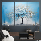 25021-MGV-CV-36X24-Abstract Tree Wall Art – Blue and White Canvas Painting with Gold Accents, Modern Nature-Inspired Artwork for Living Room, Bedroom