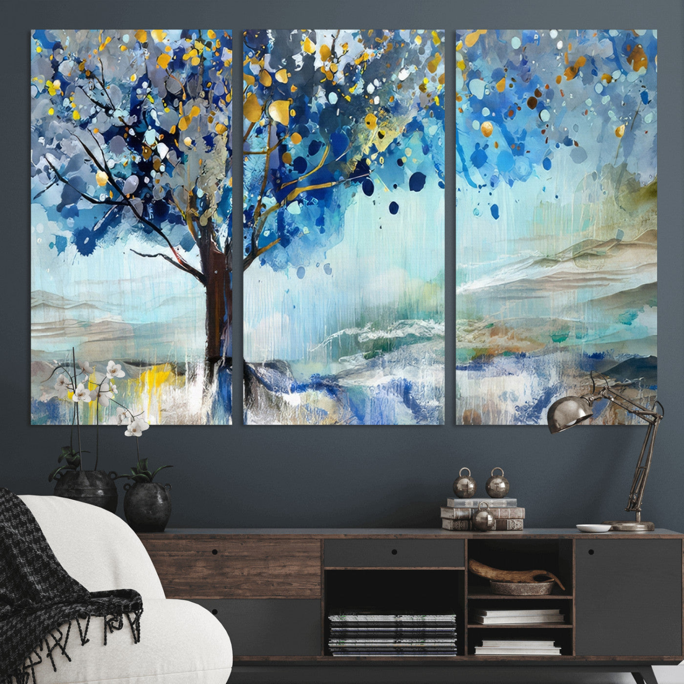 17018-MGV-CV-48X32-3P-Abstract Blue Tree Wall Art – Colorful Canvas Painting with Gold and Silver Accents, Modern Nature Artwork for Living Room,