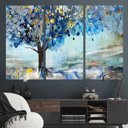 17018-MGV-CV-48X32-3P-Abstract Blue Tree Wall Art – Colorful Canvas Painting with Gold and Silver Accents, Modern Nature Artwork for Living Room,