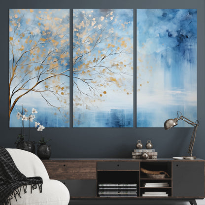 23891-MGV-CV-36X24-Abstract Tree Wall Art – Minimalist Blue and Gold Canvas Painting, Elegant Nature-Inspired Artwork for Living Room, Bedroom or
