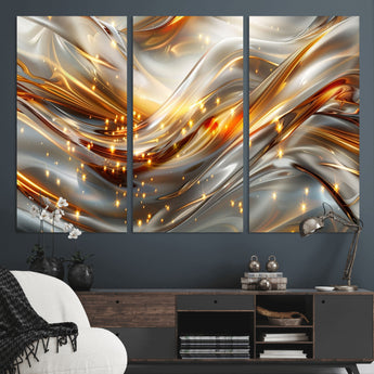 Lines1-MGV-CV-48X32-3P-Abstract Metallic Wall Art – Silver and Gold Wave Canvas Print with Sparkling Accents, Modern Luxury Decor for Living Room, Office