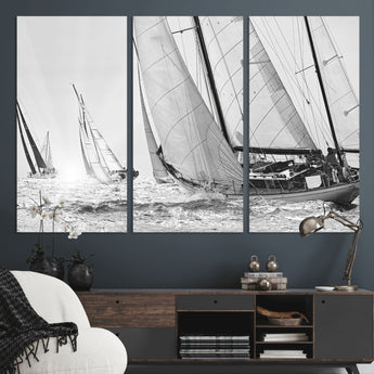 Boat-1-MGV-CV-36X24-Sailboat Racing Wall Art – Nautical Black and White Canvas Print, Ocean Adventure Decor for Office, Living Room or Bedroom
