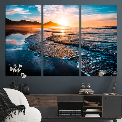 26494-MGV-CV-36X24-Ocean Sunset Wall Art – Scenic Beach Canvas Print with Waves and Mountains, Coastal Seascape Photography for Living Room, Bedroom