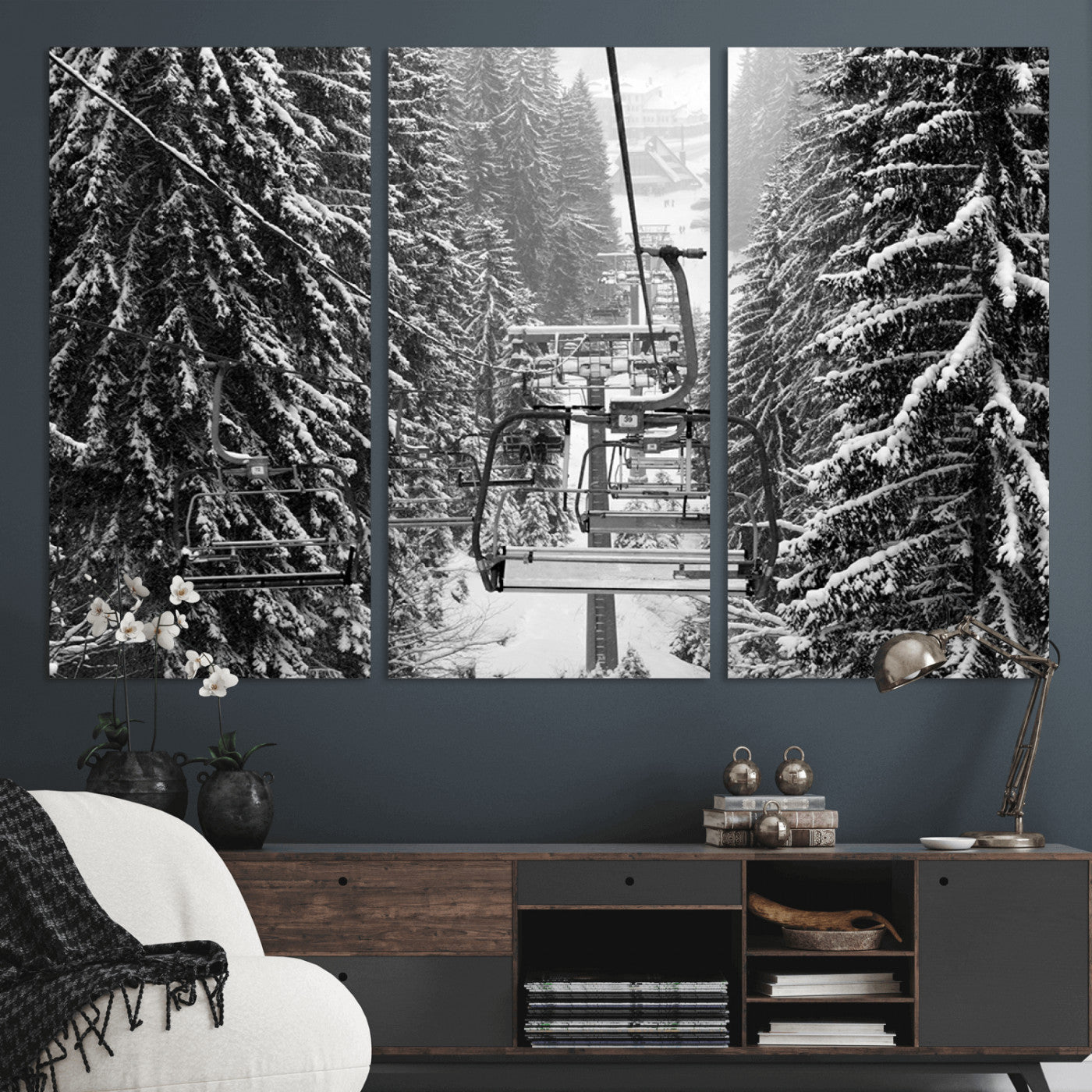 19240-MGV-CV-36X24-Ski Lift Wall Art – Black and White Winter Mountain Canvas Print, Snowy Forest Ski Resort Photography for Cabin, Lodge, Office or