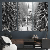 19240-MGV-CV-36X24-Ski Lift Wall Art – Black and White Winter Mountain Canvas Print, Snowy Forest Ski Resort Photography for Cabin, Lodge, Office or