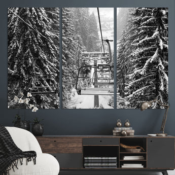 19240-MGV-CV-36X24-Ski Lift Wall Art – Black and White Winter Mountain Canvas Print, Snowy Forest Ski Resort Photography for Cabin, Lodge, Office or