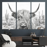 94579-MGV-CV-48X32-3P-Highland Cow Wall Art – Black and White Longhorn Canvas Print, Rustic Western Farmhouse Animal Photography for Living Room,