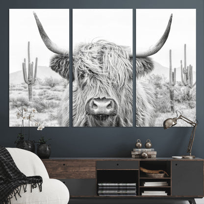 94579-MGV-CV-48X32-3P-Highland Cow Wall Art – Black and White Longhorn Canvas Print, Rustic Western Farmhouse Animal Photography for Living Room,