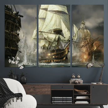 26512-MGV-CV-36X24-Naval Battle Wall Art – Dramatic Tall Ship Canvas Print, Historic Pirate Sailing War Scene, Nautical Decor for Office, Study or