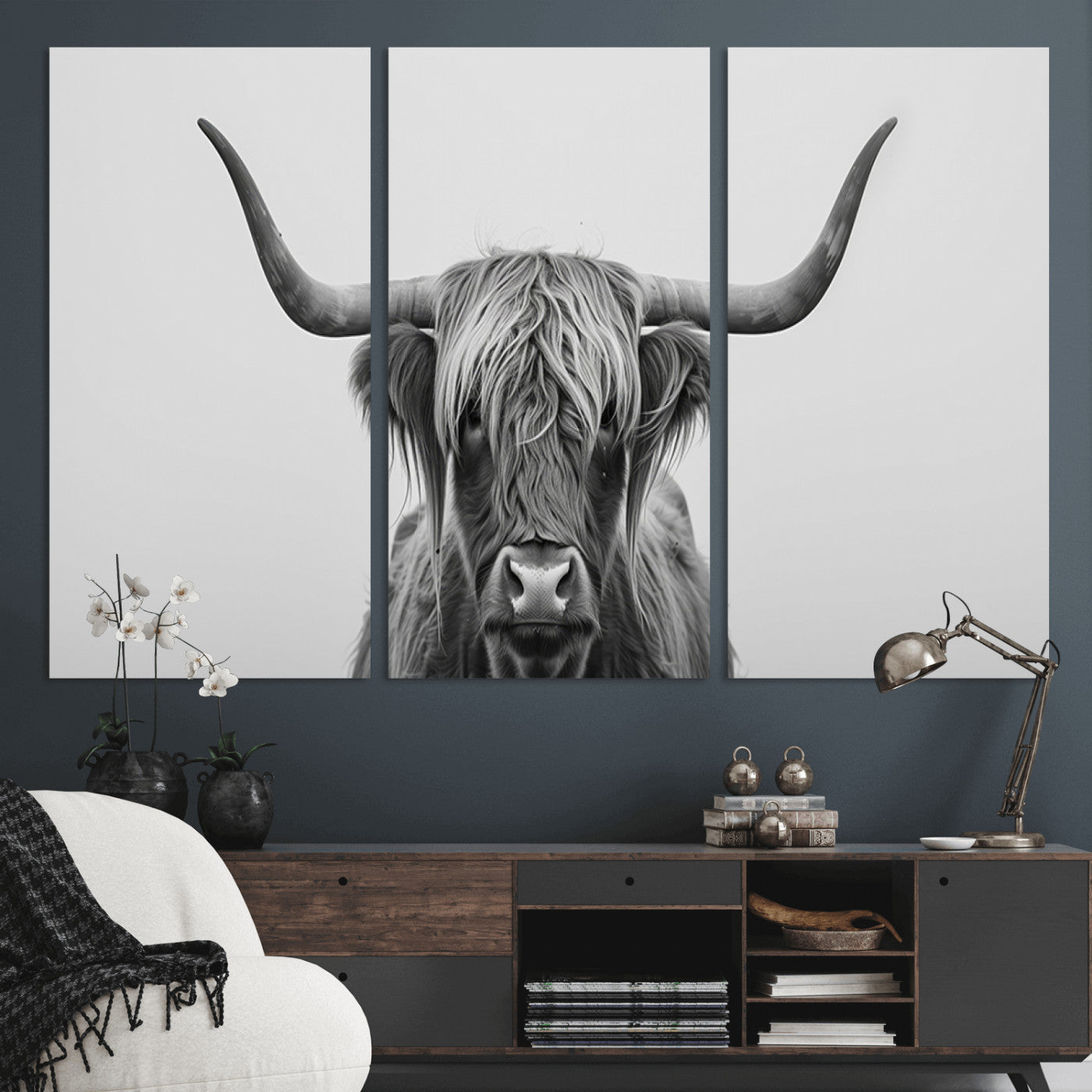 35820-MGV-CV-36X24-Minimalist Highland Cow Wall Art – Black and White Longhorn Cattle Canvas Print, Modern Farmhouse Animal Photography Decor for
