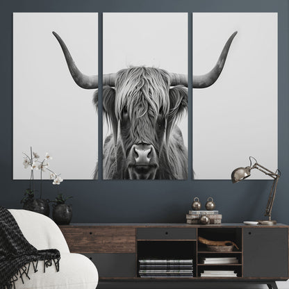 35820-MGV-CV-36X24-Minimalist Highland Cow Wall Art – Black and White Longhorn Cattle Canvas Print, Modern Farmhouse Animal Photography Decor for