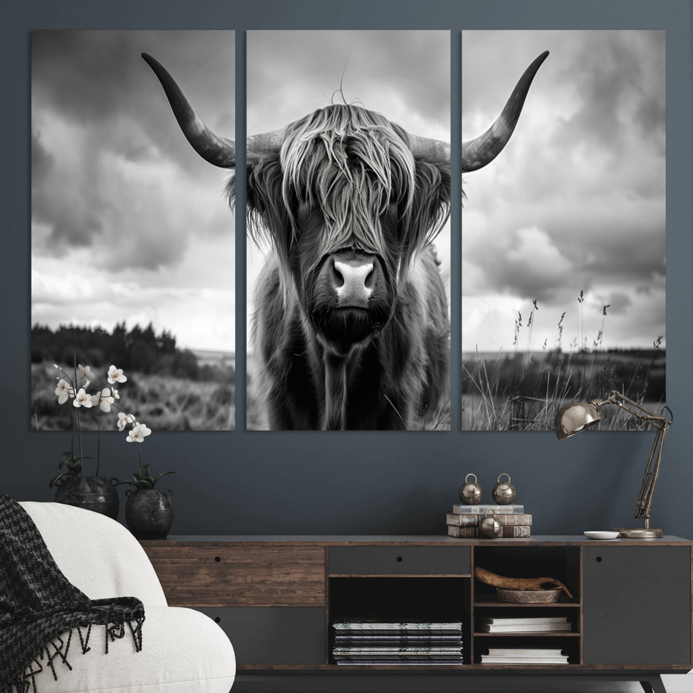 17924-MGV-CV-36X24-Highland Cow Wall Art – Black and White Rustic Longhorn Cattle Canvas Print, Farmhouse Animal Photography Decor for Country Home