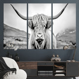 80564-MGV-CV-36X24-Highland Cow Wall Art – Black and White Scottish Highland Canvas Print, Rustic Farmhouse Decor for Living Room, Bedroom or Office