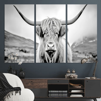 80564-MGV-CV-36X24-Highland Cow Wall Art – Black and White Scottish Highland Canvas Print, Rustic Farmhouse Decor for Living Room, Bedroom or Office