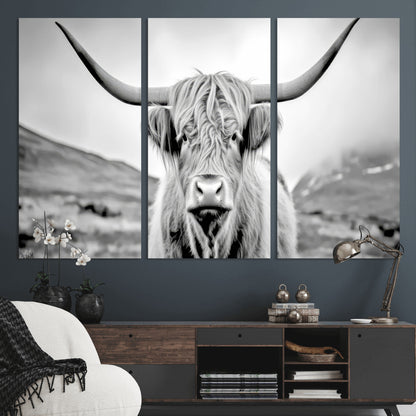 80564-MGV-CV-36X24-Highland Cow Wall Art – Black and White Scottish Highland Canvas Print, Rustic Farmhouse Decor for Living Room, Bedroom or Office