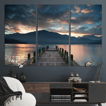 20442-MGV-CV-36X24-Lakeside Sunset Dock Wall Art – Peaceful Mountain Lake Canvas Print, Serene Nature Landscape Decor for Living Room, Bedroom or