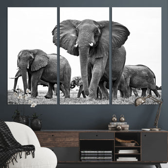 91685-MGV-CV-36X24-Elephant Herd Wall Art – Black and White Safari Canvas Print, African Wildlife Photography Decor for Living Room, Office or