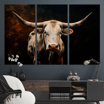 70522-MGV-CV-36X24-Longhorn Bull Wall Art – Striking Canvas Print of Majestic Bull, Premium Animal Decor for Home, Office, Man Cave, or Living Room