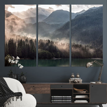 61116-MGV-CV-36X24-Misty Mountain Lake Wall Art – Tranquil Foggy Forest and Lake Canvas Print, Scenic Nature Landscape Decor for Living Room or