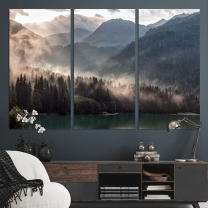61116-MGV-CV-36X24-Misty Mountain Lake Wall Art – Tranquil Foggy Forest and Lake Canvas Print, Scenic Nature Landscape Decor for Living Room or