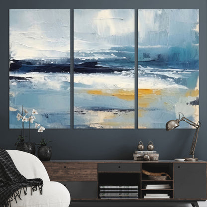 19746-MGV-CV-36X24-Abstract Ocean Wall Art – Modern Coastal Canvas Print with Blue, White and Gold Textures, Contemporary Seascape Painting for