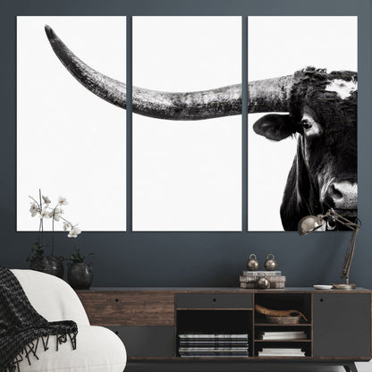 31699-MGV-CV-36X24-Longhorn Wall Art – Black and White Texas Longhorn Cow Canvas Print, Rustic Western Farmhouse Artwork for Living Room, Bedroom or