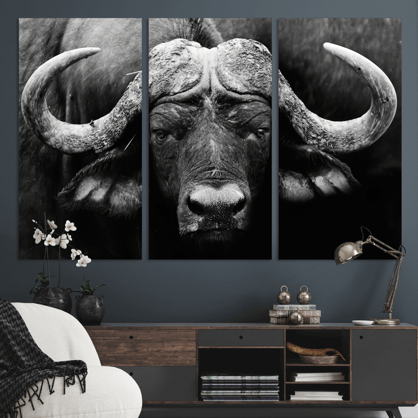 75273-MGV-CV-36X24-Buffalo Wall Art – Black and White African Buffalo Canvas Print, Rustic Wildlife Animal Artwork for Farmhouse, Living Room,