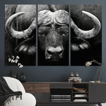 75273-MGV-CV-36X24-Buffalo Wall Art – Black and White African Buffalo Canvas Print, Rustic Wildlife Animal Artwork for Farmhouse, Living Room,
