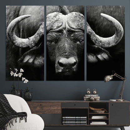 75273-MGV-CV-36X24-Buffalo Wall Art – Black and White African Buffalo Canvas Print, Rustic Wildlife Animal Artwork for Farmhouse, Living Room,