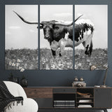94709-MGV-CV-36X24-Texas Longhorn Wall Art – Black and White Bull Photography Canvas Print, Western Farmhouse Wall Decor for Living Room, Office or