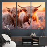 68253-MGV-CV-36X24-Highland Cow Wall Art – Rustic Farmhouse Cattle Canvas Print, Frosty Sunset Animal Artwork for Living Room, Bedroom or Country