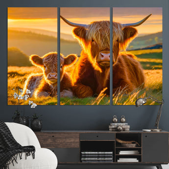 20567-MGV-CV-36X24-Highland Cow and Calf Wall Art – Rustic Farmhouse Sunset Cattle Canvas Print, Country Animal Artwork for Living Room, Bedroom, or