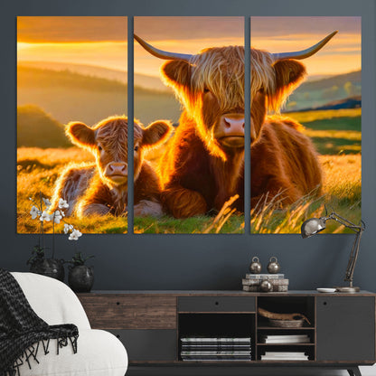 20567-MGV-CV-36X24-Highland Cow and Calf Wall Art – Rustic Farmhouse Sunset Cattle Canvas Print, Country Animal Artwork for Living Room, Bedroom, or