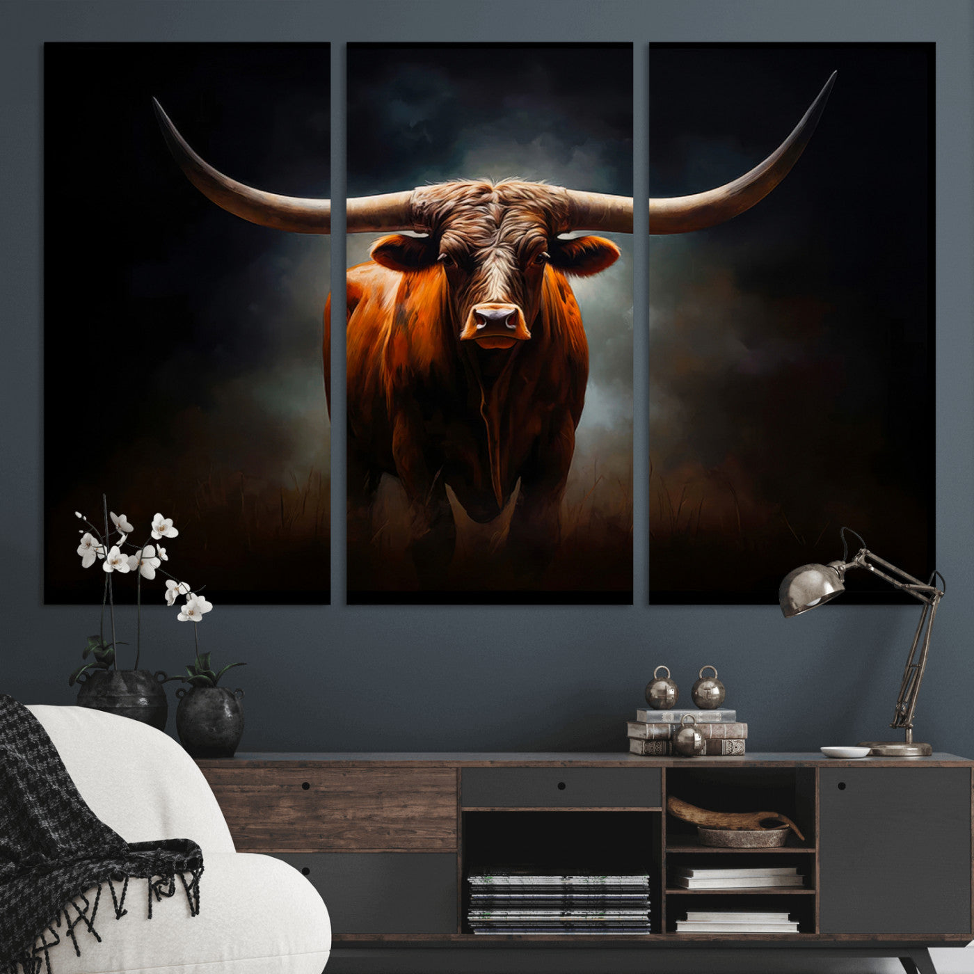 48896-MGV-CV-48X32-3P-Texas Longhorn Wall Art – Rustic Western Bull Canvas Print and Farmhouse Cattle Painting for Living Room, Ranch, or Office Decor .
