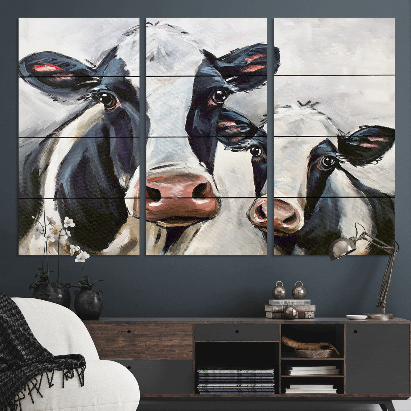 28934-MGV-CV-36X24-Farmhouse Cow Wall Art – Rustic Black and White Dairy Cattle Canvas Print, Country Barn Animal Painting for Kitchen, Living Room