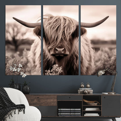 55903-MGV-CV-36X24-Highland Cow Wall Art – Rustic Sepia Scottish Highland Bull Canvas Print, Farmhouse Country Animal Decor for Living Room, Bedroom