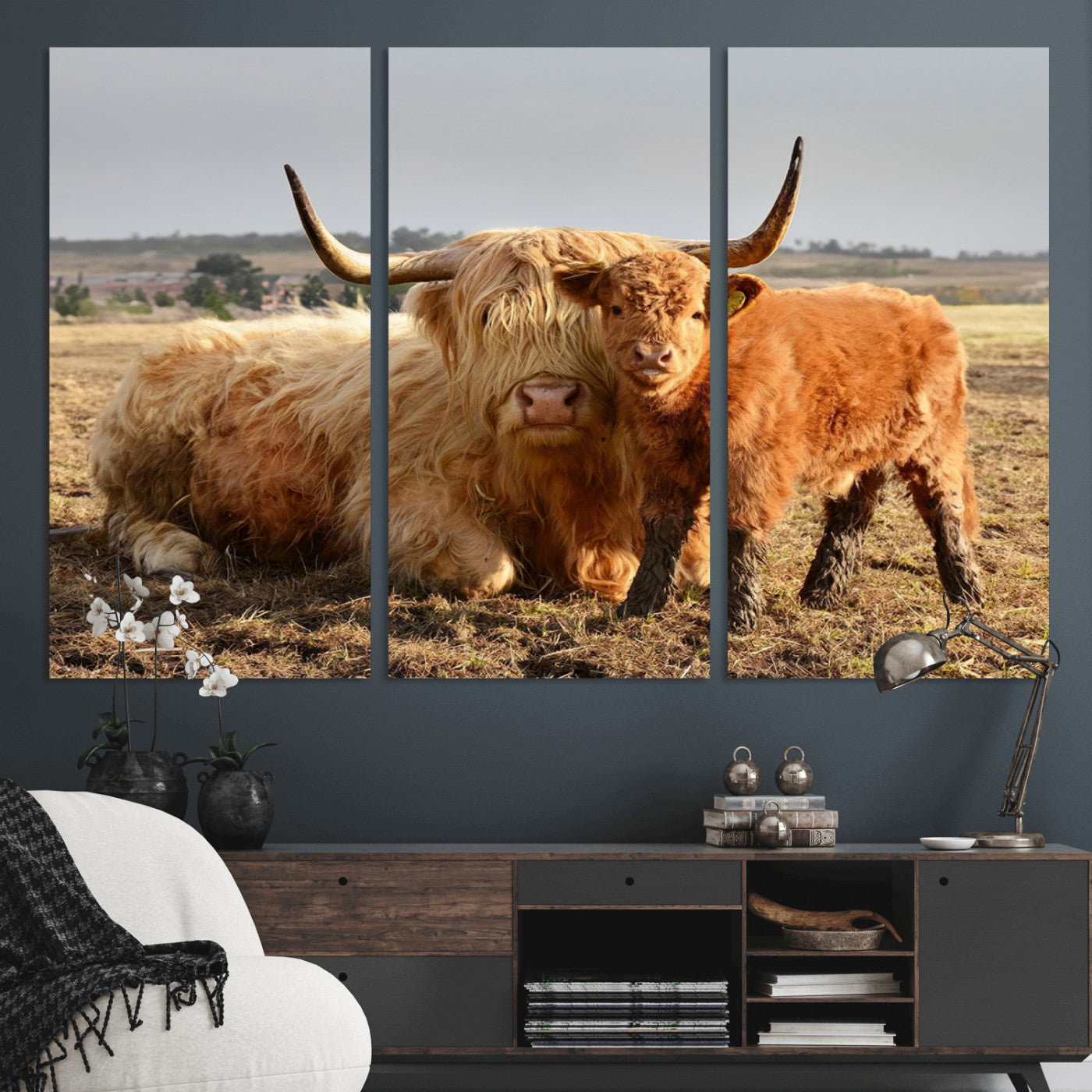 53461-MGV-CV-36X24-Highland Cow Family Wall Art – Rustic Farmhouse Animal Canvas Print, Country Decor for Living Room, Bedroom or Office, Calf and