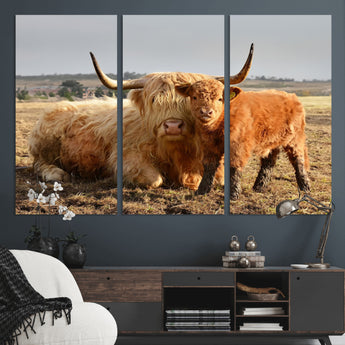 53461-MGV-CV-36X24-Highland Cow Family Wall Art – Rustic Farmhouse Animal Canvas Print, Country Decor for Living Room, Bedroom or Office, Calf and