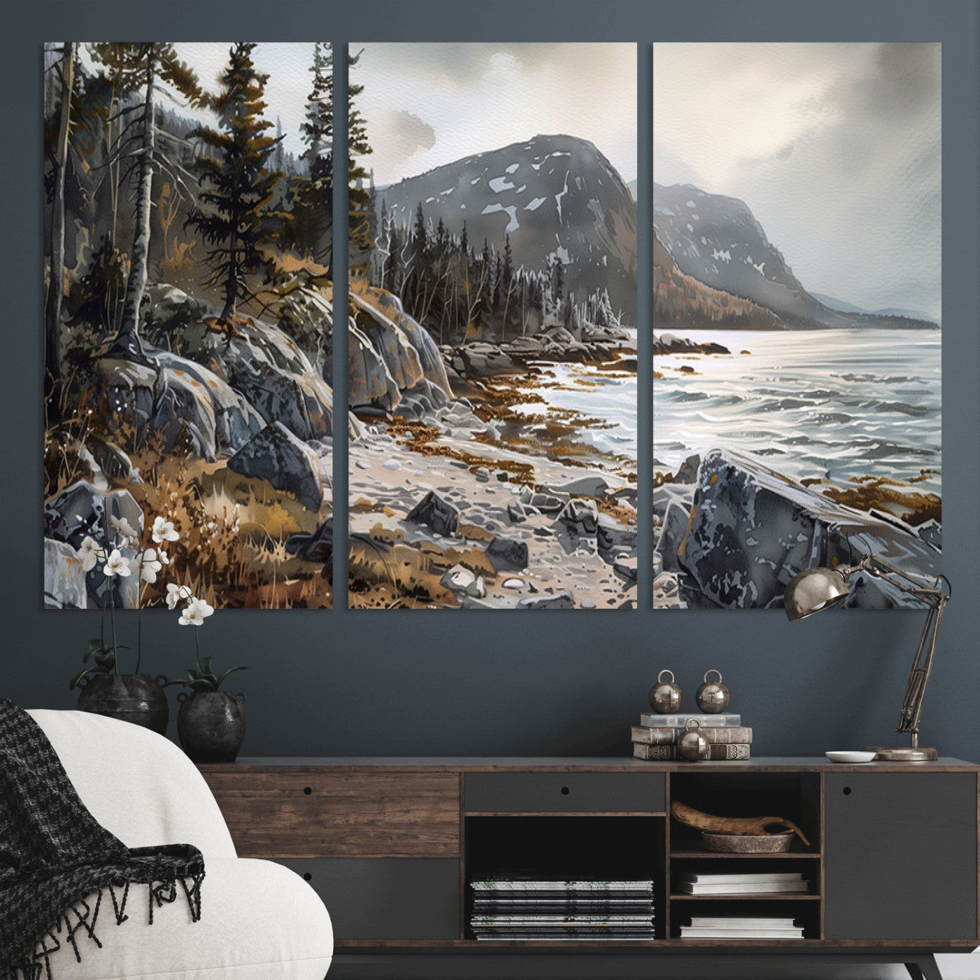 41281-MGV-CV-36X24-Rocky Shoreline Wall Art – Panoramic Mountain Coast and Forest Canvas Print, Rustic Nature Landscape Decor for Cabin, Lodge, or