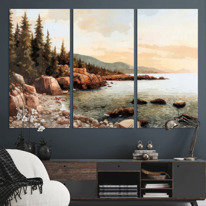 77145-MGV-CV-36X24-Coastal Landscape Wall Art – Panoramic Rocky Shoreline and Pine Trees Canvas Print, Rustic Nature Decor for Cabin, Lodge, Office,