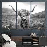 52903-MGV-CV-36X24-Highland Cow Wall Art – Black and White Canvas Print Rustic Cattle Portrait, Farmhouse Country Decor for Living Room, Office,