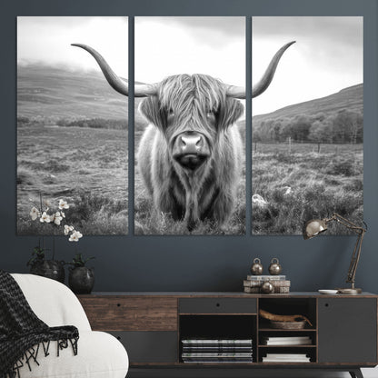 52903-MGV-CV-36X24-Highland Cow Wall Art – Black and White Canvas Print Rustic Cattle Portrait, Farmhouse Country Decor for Living Room, Office,
