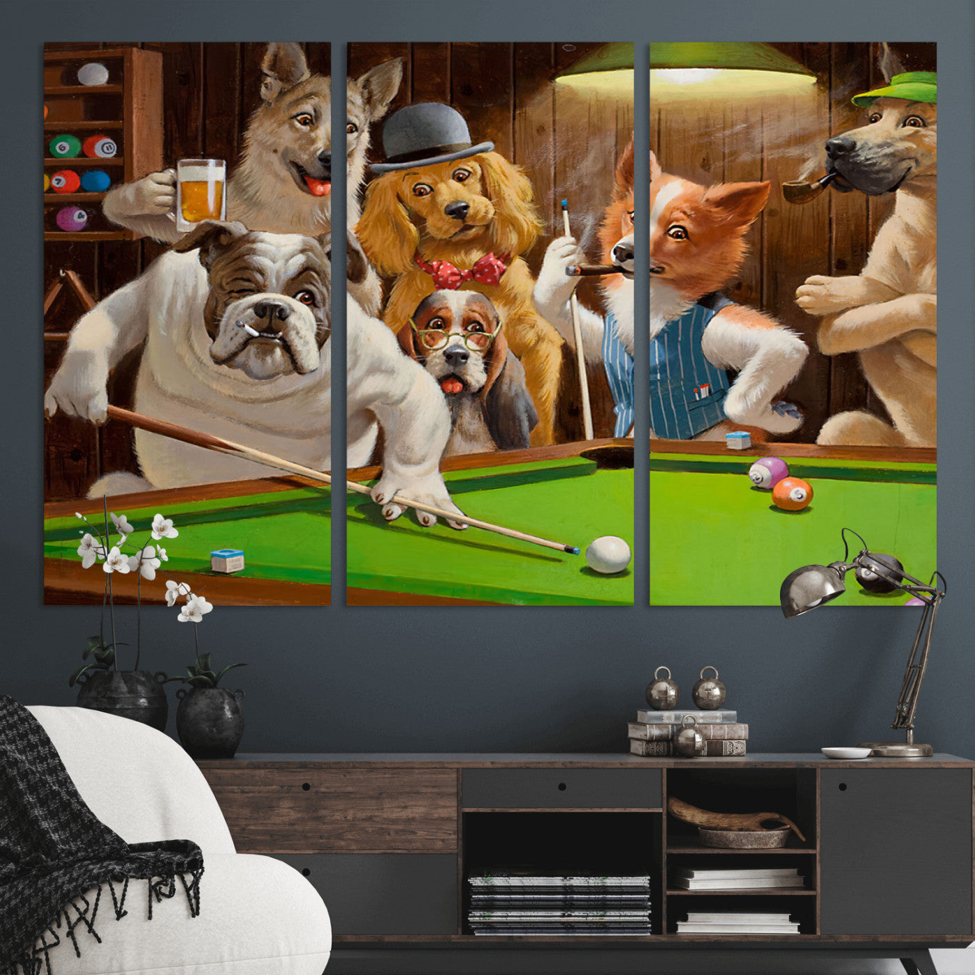 34228-MGV-CV-36X24-Dogs Playing Pool Wall Art Canvas Print, Framed Funny Dog Art Picture Print, Dog Perfect Game Room Decor Artwork